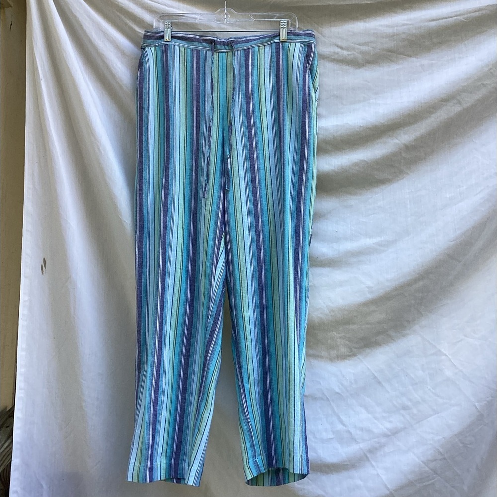 N Touch blue and green striped linen blend business casual pants, size 12